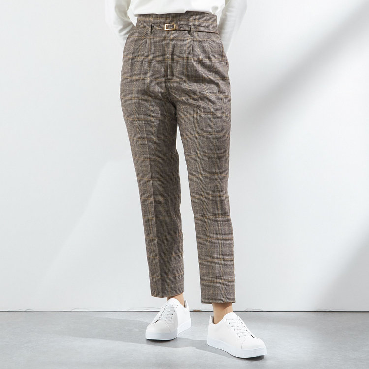【SILVER LINE】【秋冬】共生地ベルト付きセンタープレスパンツ/ブラウン×チェック/裾上げ済仕様