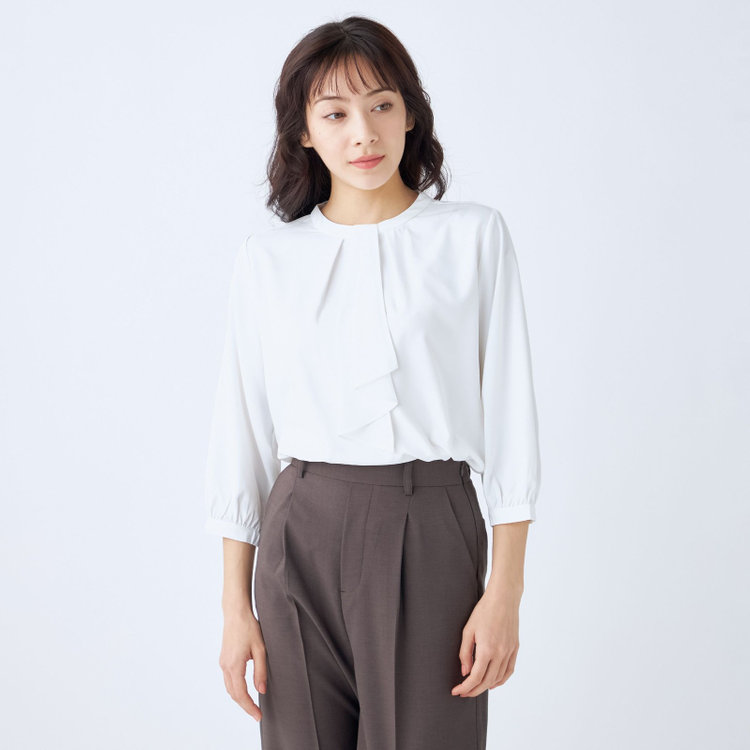 シルバーライン 【SILVER LINE/7分袖】タイ付き2WAYプルオーバー/ホワイト/「ウォッシャブル可能」「2WAYストレッチ」「防シワ」「UV加工」「接触冷感」「透け軽減」 白