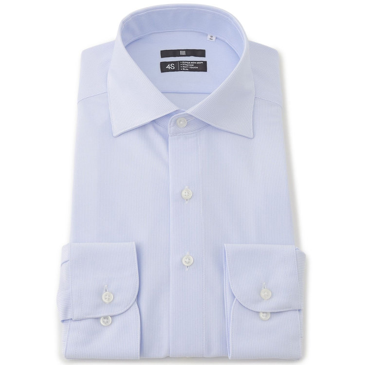 【WEB限定/OUTLET/汚れ・キズ等有】【BLACK LINE】ワイドカラーワイシャツ/ブルー×ドビーストライプ/「4S」スーパーノンアイロン・ストレッチ
