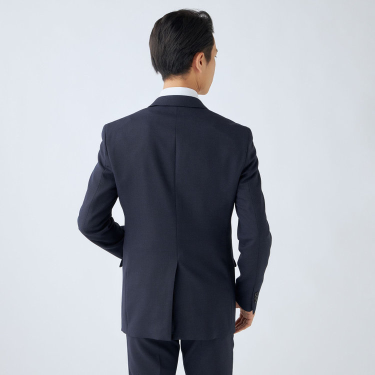 ブラックライン 【SLIM TAPERED_2】【秋冬】2釦シングルスーツ 0タック/ネイビー×バーズアイ/ウエストシャーリング/4S SUSTAINABILITY&ECOLOGY FABRIC/※パンツ裾上げ済仕様 紺中間
