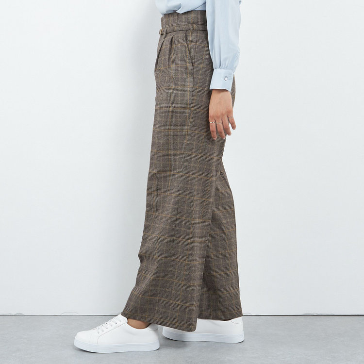 シルバーライン 【SILVER LINE】【秋冬】共生地ベルト付きワイドパンツ/ブラウン×チェック/裾上げ済仕様 茶中間