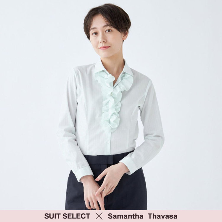 スーツセレクト 【SUIT SELECT×Samantha Thavasa】【長袖】リボン&フリル取り外しスキッパー/ミント×ドビーストライプ/形態安定 ミント系(薄緑)