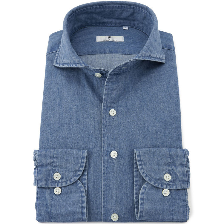 シルバーライン 【発送在庫あり】【CLASSICO TAPERED】ホリゾンタルワイドカラーワイシャツ/ブルー/インディゴ染 青中間