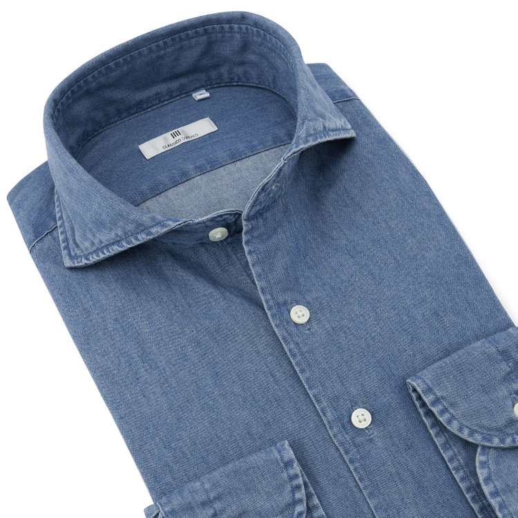 シルバーライン 【発送在庫あり】【CLASSICO TAPERED】ホリゾンタルワイドカラーワイシャツ/ブルー/インディゴ染 青中間