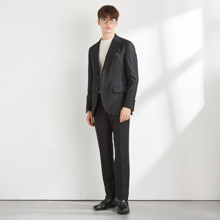 シルバーライン 【CLASSICO TAPERED】【秋冬】ピークドラペル2釦スーツ 2タック/ブラック×ストライプ/MARZOTTO/※裾上げ必要 黒