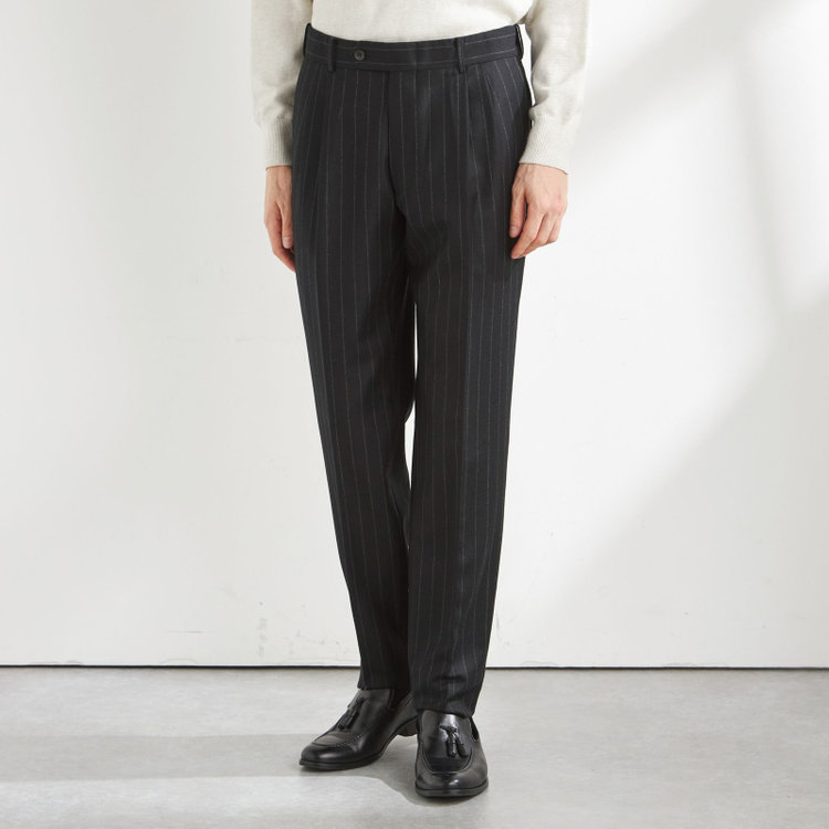 シルバーライン 【CLASSICO TAPERED】【秋冬】ピークドラペル2釦スーツ 2タック/ブラック×ストライプ/MARZOTTO/※裾上げ必要 黒