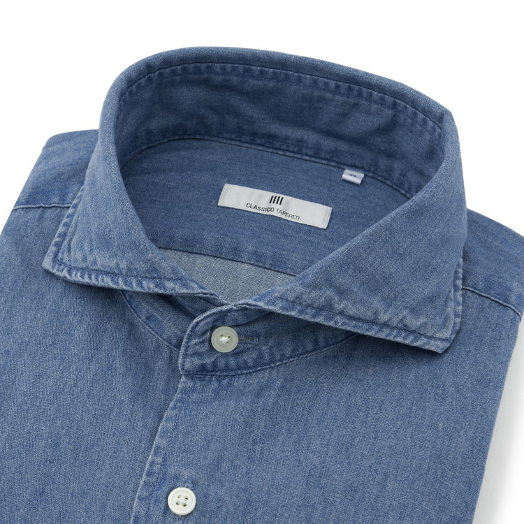 シルバーライン 【発送在庫あり】【CLASSICO TAPERED】ホリゾンタルワイドカラーワイシャツ/ブルー/インディゴ染 青中間