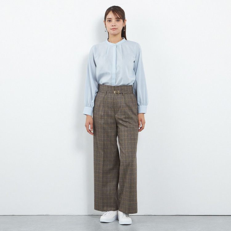 シルバーライン 【SILVER LINE】【秋冬】共生地ベルト付きワイドパンツ/ブラウン×チェック/裾上げ済仕様 茶中間