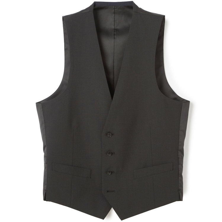 【SLIM TAPERED_2】【春夏】リバーシブルジレ(ベスト)/ブラック×マイクロチェック＆ネイビー×ヘアラインストライプ/4S SUSTAINABILITY&ECOLOGY FABRIC