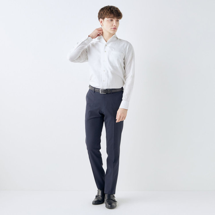 ブラックライン 【SLIM TAPERED】【春夏】0タックテーパードパンツ/ネイビー×チェック/ウエストムーブ/ウォッシャブル/4S SUSTAINABILITY&ECOLOGY FABRIC/※裾上げ必要 紺濃色