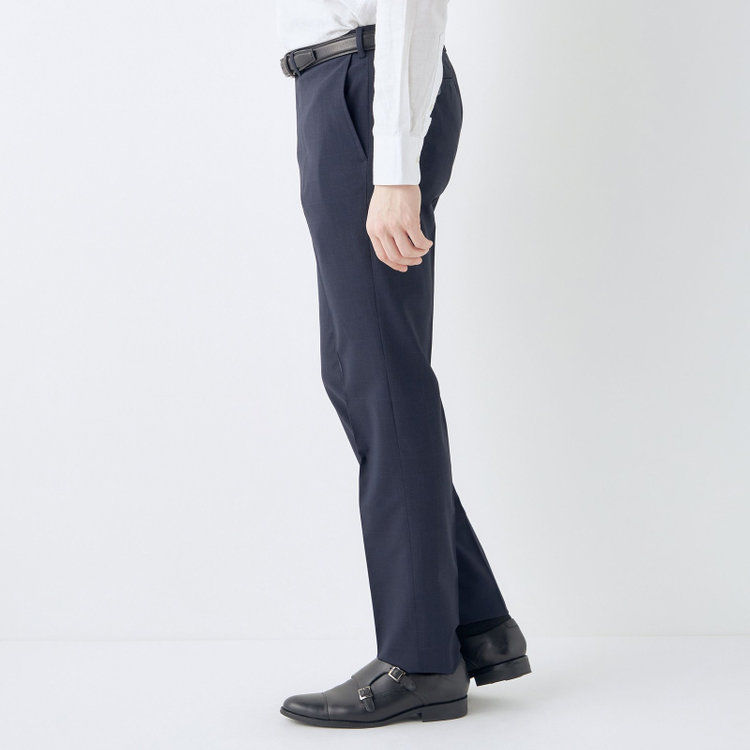 ブラックライン 【SLIM TAPERED】【春夏】0タックテーパードパンツ/ネイビー×チェック/ウエストムーブ/ウォッシャブル/4S SUSTAINABILITY&ECOLOGY FABRIC/※裾上げ必要 紺濃色