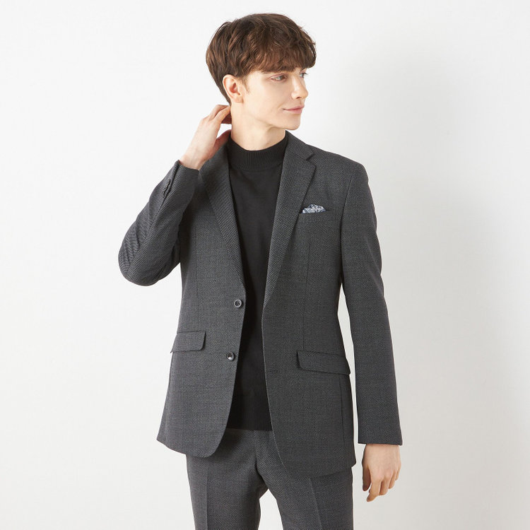 ブラックライン 【SLIM TAPERED_2】【秋冬】2釦シングルスーツ 0タック/グレー×バーズアイ/ウエストシャーリング/4S SUSTAINABILITY&ECOLOGY FABRIC/※パンツ裾上げ済仕様 グレー中間