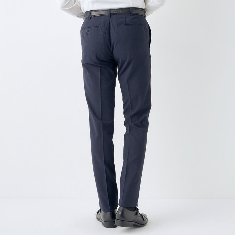ブラックライン 【SLIM TAPERED】【春夏】0タックテーパードパンツ/ネイビー×チェック/ウエストムーブ/ウォッシャブル/4S SUSTAINABILITY&ECOLOGY FABRIC/※裾上げ必要 紺濃色