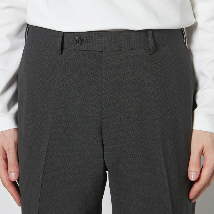 ブラックライン 【SLIM TAPERED】【春夏】0タックテーパードパンツ/カーキ×ハウンドトゥース/ウエストムーブ/4S SUSTAINABILITY&ECOLOGY FABRIC「ウォッシャブル」「ストレッチ」/※裾上げ済み仕様 緑濃色