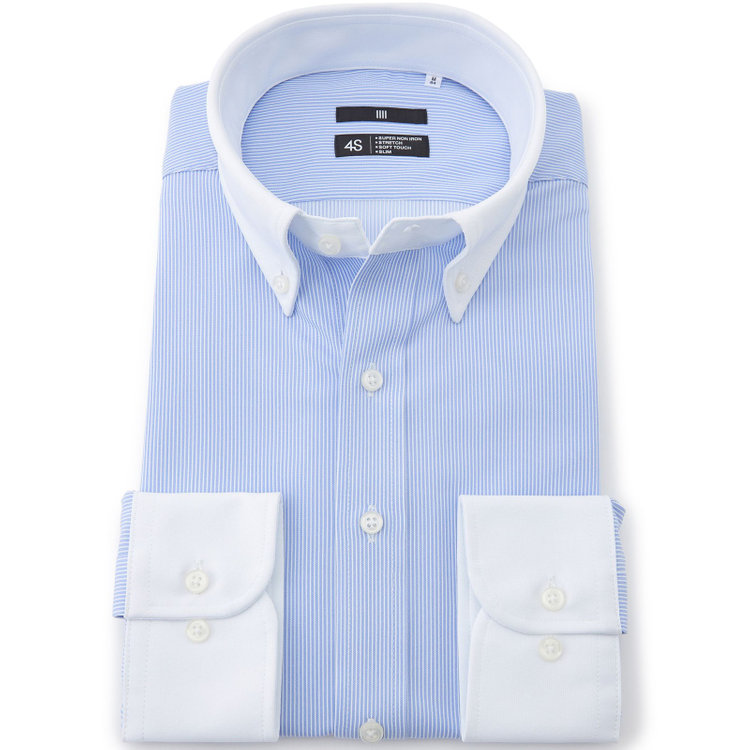 ブラックライン 【発送在庫あり】【BLACK LINE】クレリックボタンダウンワイシャツ/襟袖口：ホワイト+ブルー×ホワイトストライプ/「4S」スーパーノンアイロン・ストレッチ 青中間