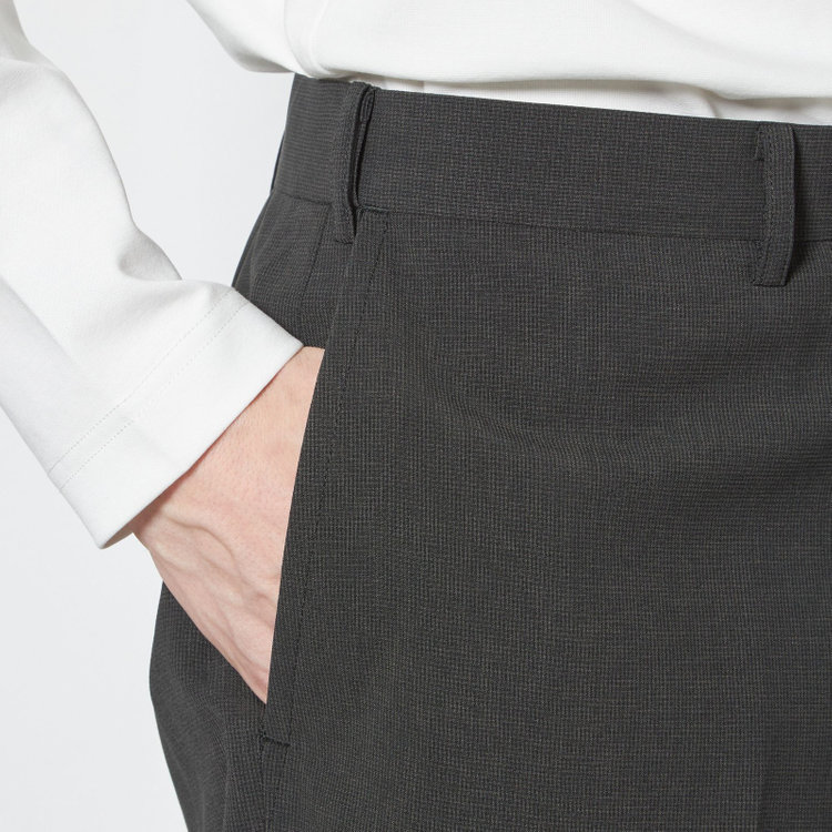 ブラックライン 【SLIM TAPERED】【春夏】0タックテーパードパンツ/カーキ×ハウンドトゥース/ウエストムーブ/4S SUSTAINABILITY&ECOLOGY FABRIC「ウォッシャブル」「ストレッチ」/※裾上げ済み仕様 緑濃色