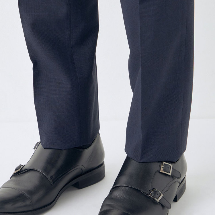 ブラックライン 【SLIM TAPERED】【春夏】0タックテーパードパンツ/ネイビー×チェック/ウエストムーブ/ウォッシャブル/4S SUSTAINABILITY&ECOLOGY FABRIC/※裾上げ必要 紺濃色