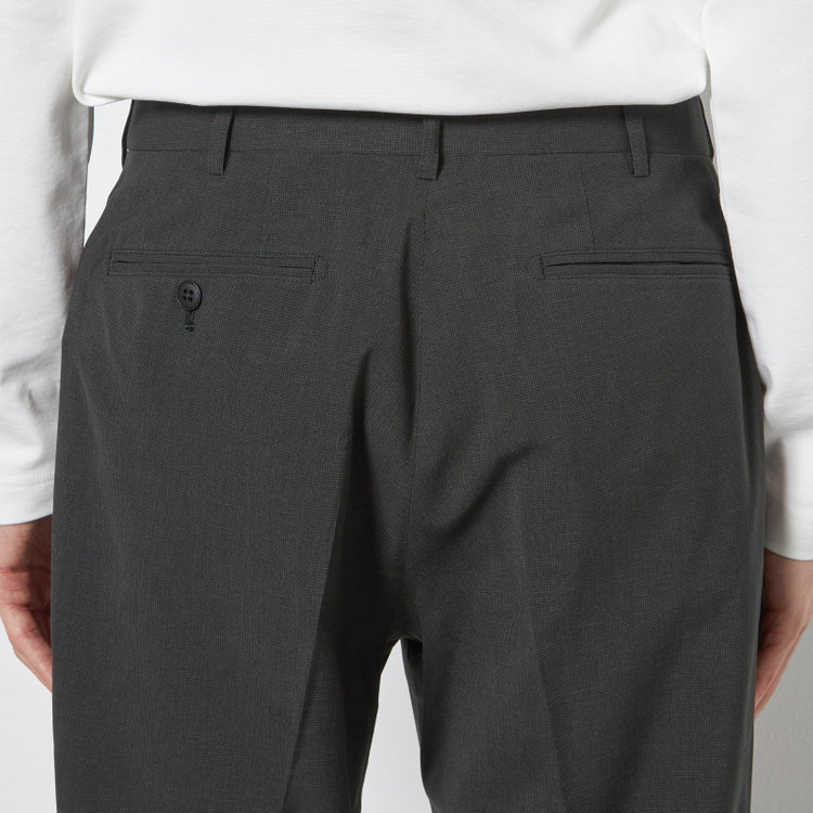 ブラックライン 【SLIM TAPERED】【春夏】0タックテーパードパンツ/カーキ×ハウンドトゥース/ウエストムーブ/4S SUSTAINABILITY&ECOLOGY FABRIC「ウォッシャブル」「ストレッチ」/※裾上げ済み仕様 緑濃色