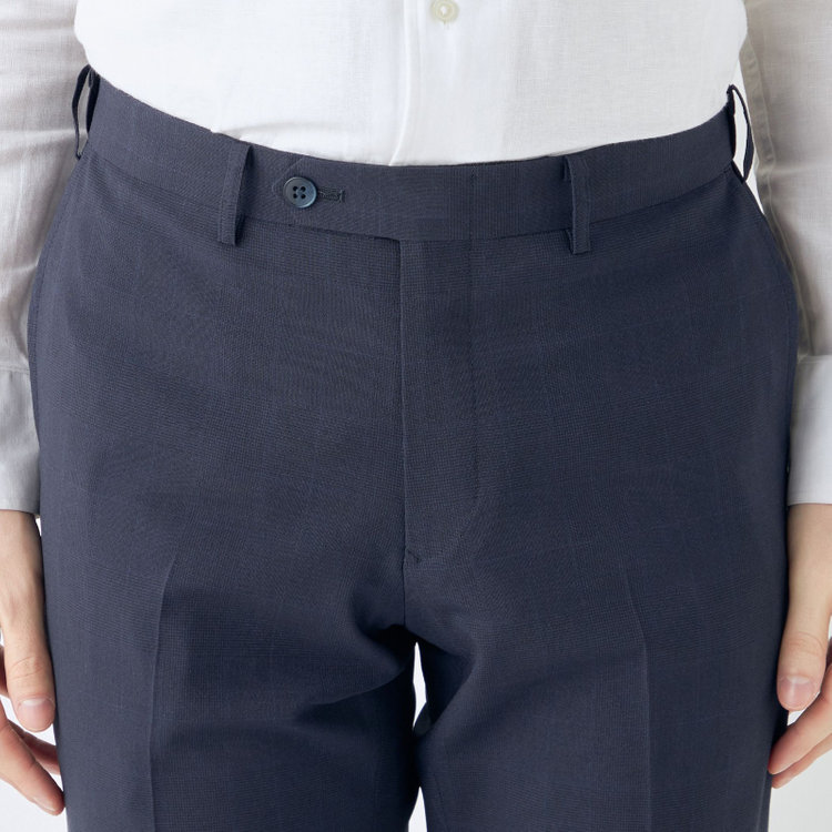 ブラックライン 【SLIM TAPERED】【春夏】0タックテーパードパンツ/ネイビー×チェック/ウエストムーブ/ウォッシャブル/4S SUSTAINABILITY&ECOLOGY FABRIC/※裾上げ必要 紺濃色