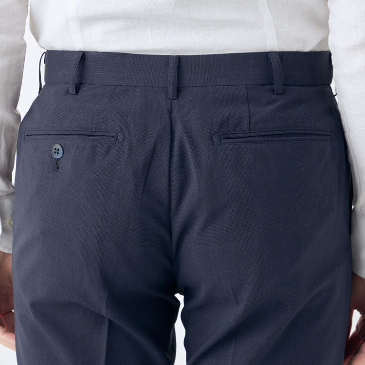 ブラックライン 【SLIM TAPERED】【春夏】0タックテーパードパンツ/ネイビー×チェック/ウエストムーブ/ウォッシャブル/4S SUSTAINABILITY&ECOLOGY FABRIC/※裾上げ必要 紺濃色