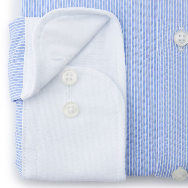 ブラックライン 【発送在庫あり】【BLACK LINE】クレリックボタンダウンワイシャツ/襟袖口：ホワイト+ブルー×ホワイトストライプ/「4S」スーパーノンアイロン・ストレッチ 青中間