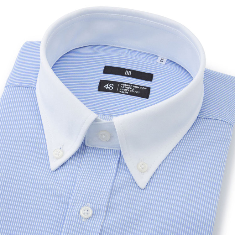ブラックライン 【発送在庫あり】【BLACK LINE】クレリックボタンダウンワイシャツ/襟袖口：ホワイト+ブルー×ホワイトストライプ/「4S」スーパーノンアイロン・ストレッチ 青中間