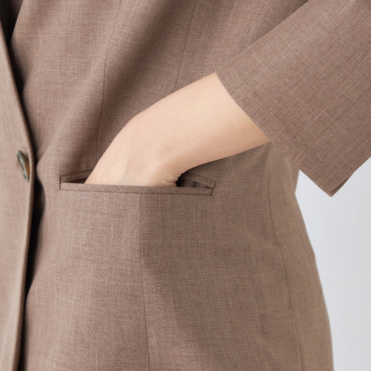 シルバーライン 【RELAX TAPERED】【年間】ノーカラー 2釦1掛けダブル/パンツスーツ/ブラウン/ウエスト内側アジャスター/ウォッシャブル/Naturemier/※パンツ裾上げ済仕様 茶中間