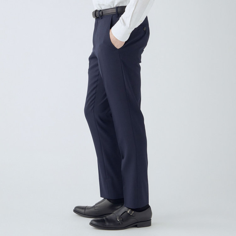 シルバーライン 【4S CROSS】【年間】セットアップパンツ 0タック/ネイビー×カルゼ/ウエストムーブ/※裾上げ済仕様 紺中間