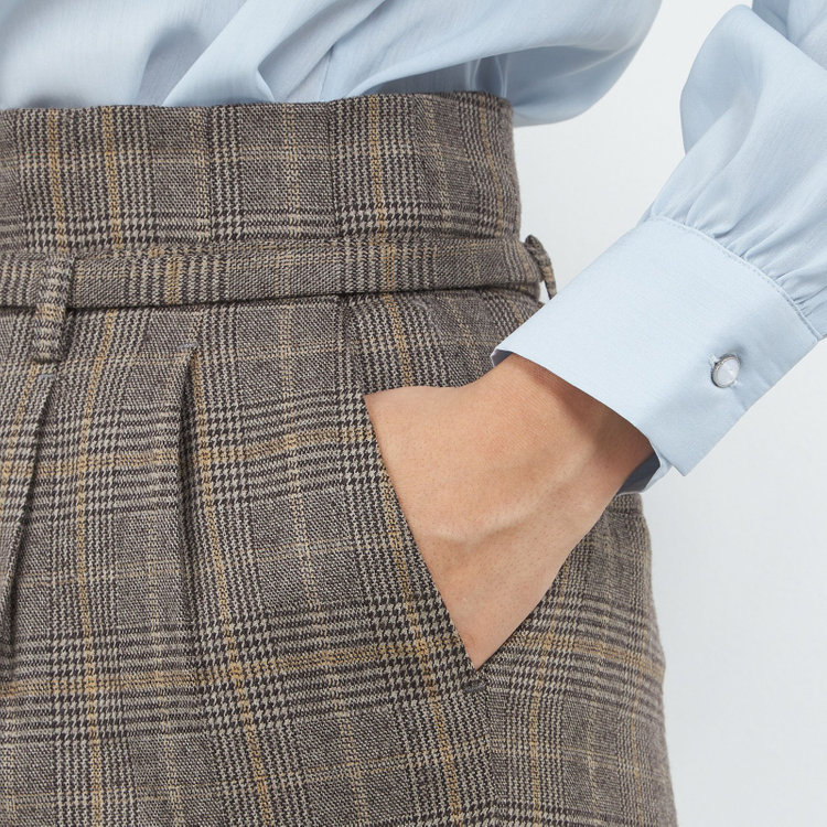 シルバーライン 【SILVER LINE】【秋冬】共生地ベルト付きワイドパンツ/ブラウン×チェック/裾上げ済仕様 茶中間