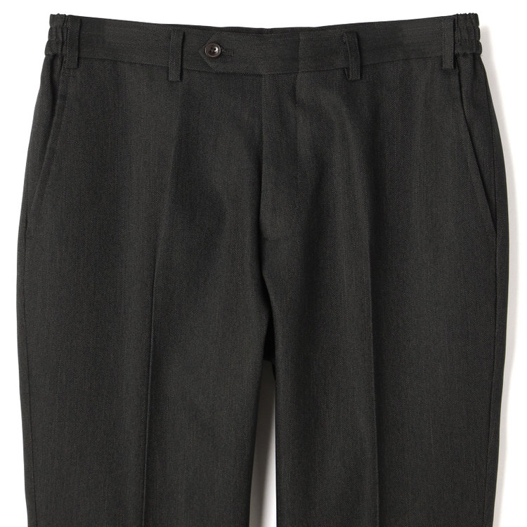 ブラックライン 【SLIM TAPERED】【年間】 2釦シングルスリーピーススーツ 0タック/ ダークブラウン×デジタルデニム  /ウエストシャーリング/ 4S TAKE OUT SUITS / ※パンツ裾上げ済仕様 緑濃色