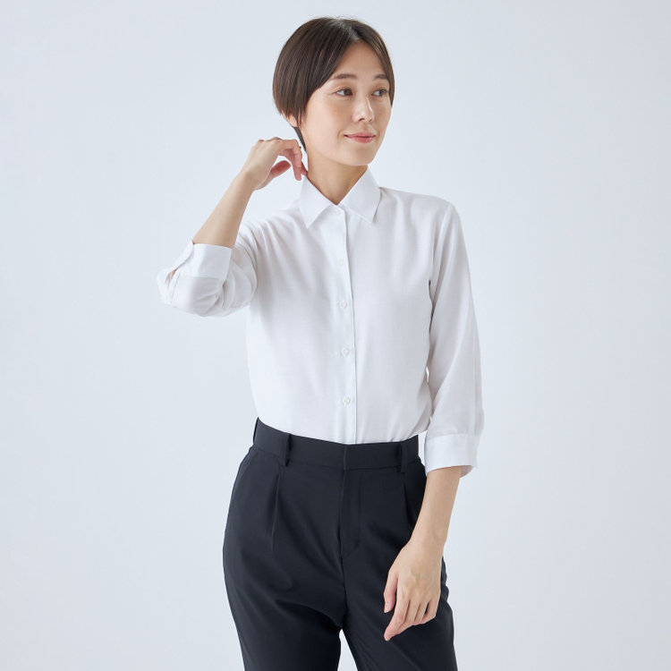 シルバーライン 【SL/7分袖】レギュラーワンピースカラーブラウス/ホワイト×ドビーツイル/TOUGH BUTTON・NON IRON 白