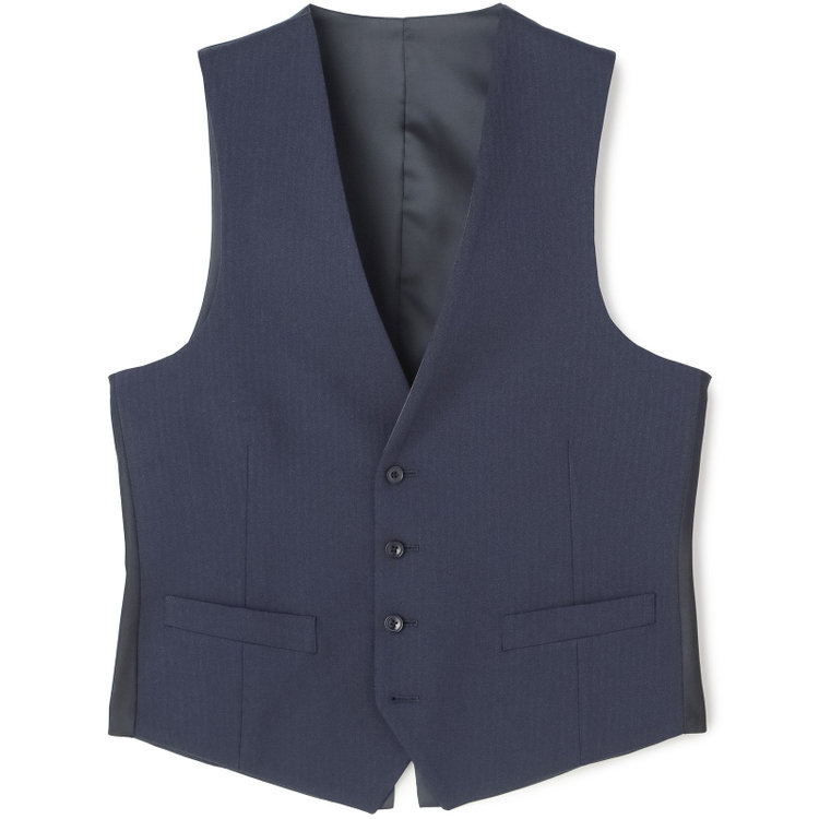 ブラックライン 【SLIM TAPERED_2】【年間】2釦シングルスリーピーススーツ 0タック/ネイビー×シャドーストライプ/ウエストシャーリング/4S SUSTAINABILITY&ECOLOGY FABRIC/リバーシブルベスト仕様（グレー）/※パンツ裾上げ済仕様 紺濃色