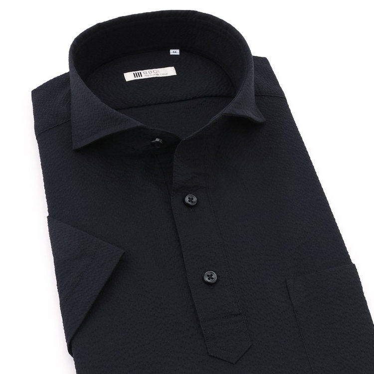 シルバーライン 【RBC/五分袖】カッタウェイビズポロシャツ プルオーバータイプ/ブラック×シアサッカー/4S コットンブレンド 黒