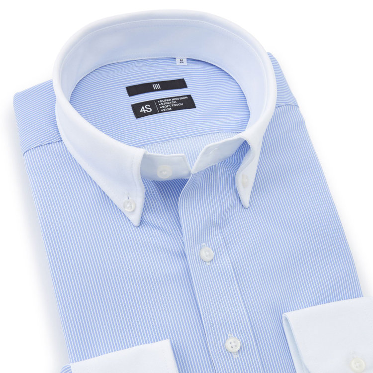ブラックライン 【発送在庫あり】【BLACK LINE】クレリックボタンダウンワイシャツ/襟袖口：ホワイト+ブルー×ホワイトストライプ/「4S」スーパーノンアイロン・ストレッチ 青中間