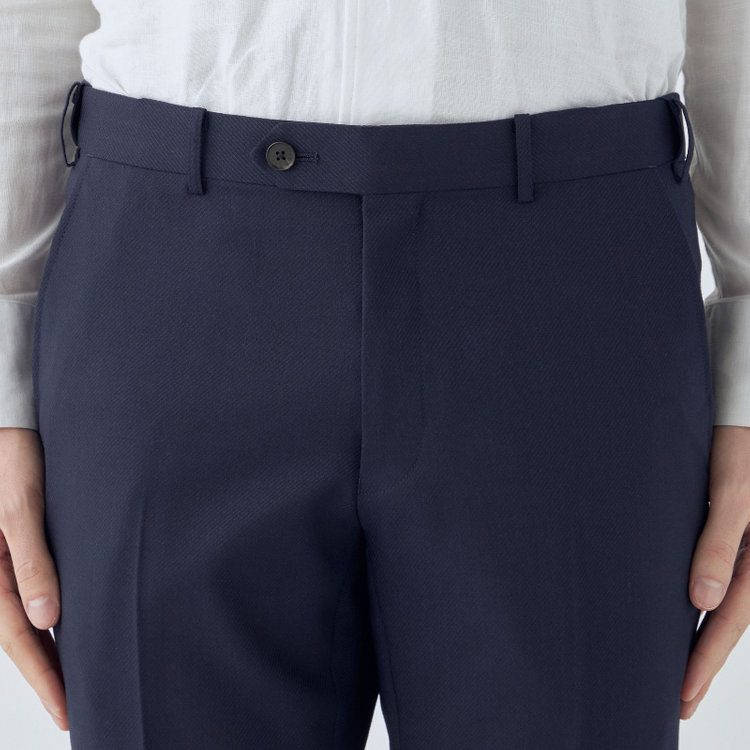 シルバーライン 【4S CROSS】【年間】セットアップパンツ 0タック/ネイビー×カルゼ/ウエストムーブ/※裾上げ済仕様 紺中間