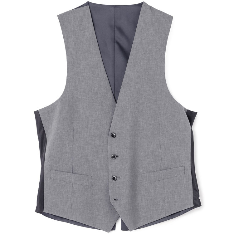 ブラックライン 【SLIM TAPERED_2】【年間】2釦シングルスリーピーススーツ 0タック/ネイビー×シャドーストライプ/ウエストシャーリング/4S SUSTAINABILITY&ECOLOGY FABRIC/リバーシブルベスト仕様（グレー）/※パンツ裾上げ済仕様 紺濃色