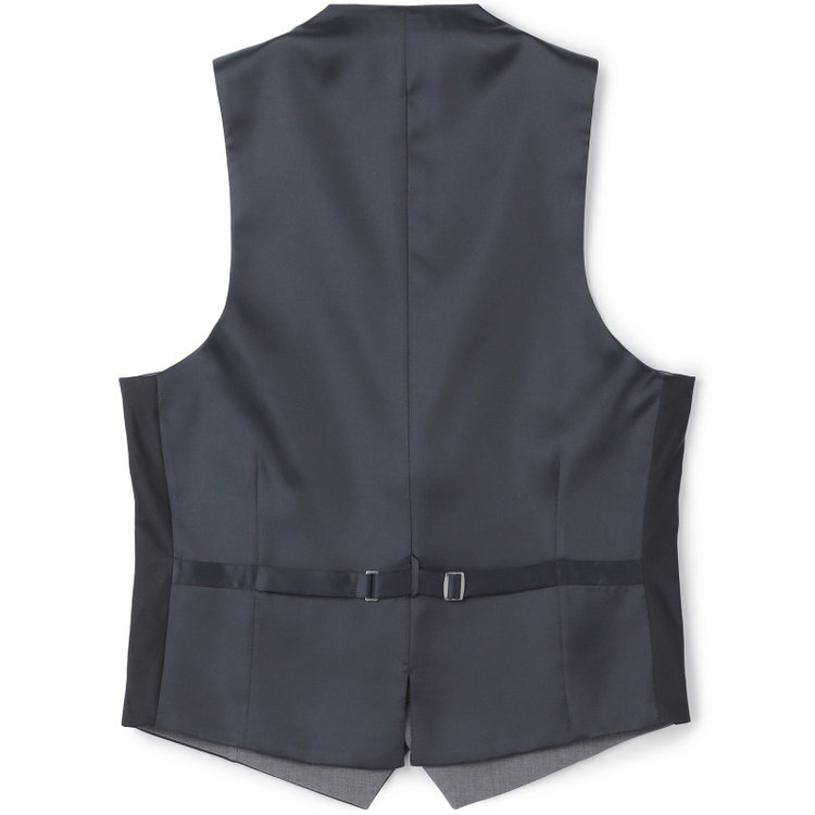 ブラックライン 【SLIM TAPERED_2】【年間】2釦シングルスリーピーススーツ 0タック/ブラック×シャドーストライプ/ウエストシャーリング/4S SUSTAINABILITY&ECOLOGY FABRIC/リバーシブルベスト仕様（グレー）/※パンツ裾上げ済仕様 黒