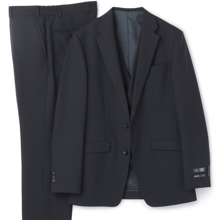 ブラックライン 【SLIM TAPERED_2】【年間】2釦シングルスリーピーススーツ 0タック/ブラック×シャドーストライプ/ウエストシャーリング/4S SUSTAINABILITY&ECOLOGY FABRIC/リバーシブルベスト仕様（グレー）/※パンツ裾上げ済仕様 黒