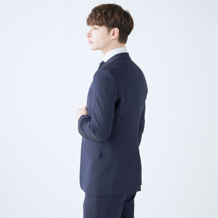 ブラックライン 【SLIM TAPERED_2】【年間】2釦シングルスリーピーススーツ 0タック/ネイビー×シャドーストライプ/ウエストシャーリング/4S SUSTAINABILITY&ECOLOGY FABRIC/リバーシブルベスト仕様（グレー）/※パンツ裾上げ済仕様 紺濃色