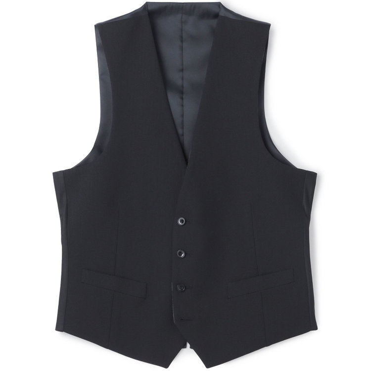 ブラックライン 【SLIM TAPERED_2】【年間】2釦シングルスリーピーススーツ 0タック/ブラック×シャドーストライプ/ウエストシャーリング/4S SUSTAINABILITY&ECOLOGY FABRIC/リバーシブルベスト仕様（グレー）/※パンツ裾上げ済仕様 黒