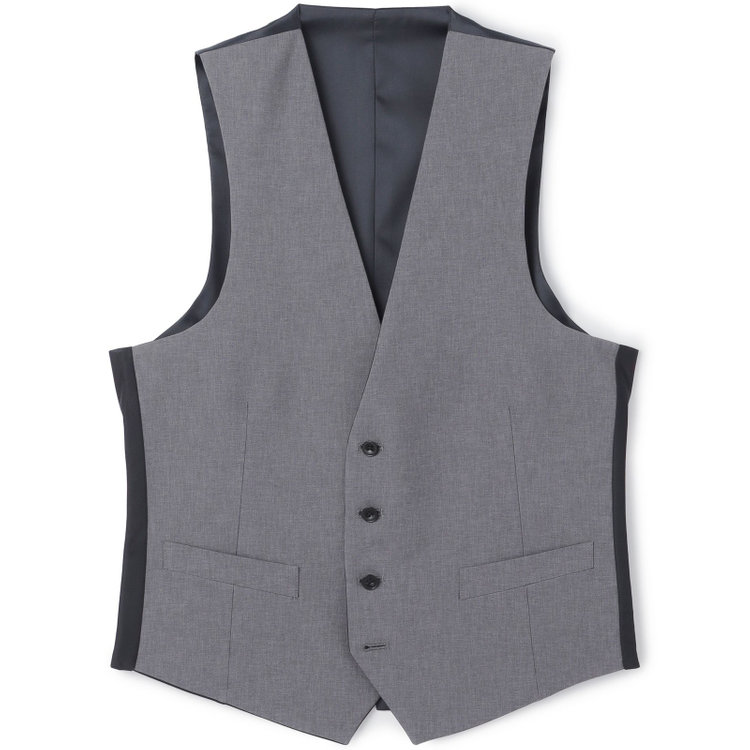 ブラックライン 【SLIM TAPERED_2】【年間】2釦シングルスリーピーススーツ 0タック/ブラック×シャドーストライプ/ウエストシャーリング/4S SUSTAINABILITY&ECOLOGY FABRIC/リバーシブルベスト仕様（グレー）/※パンツ裾上げ済仕様 黒