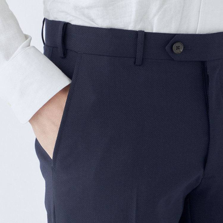 シルバーライン 【4S CROSS】【年間】セットアップパンツ 0タック/ネイビー×カルゼ/ウエストムーブ/※裾上げ済仕様 紺中間