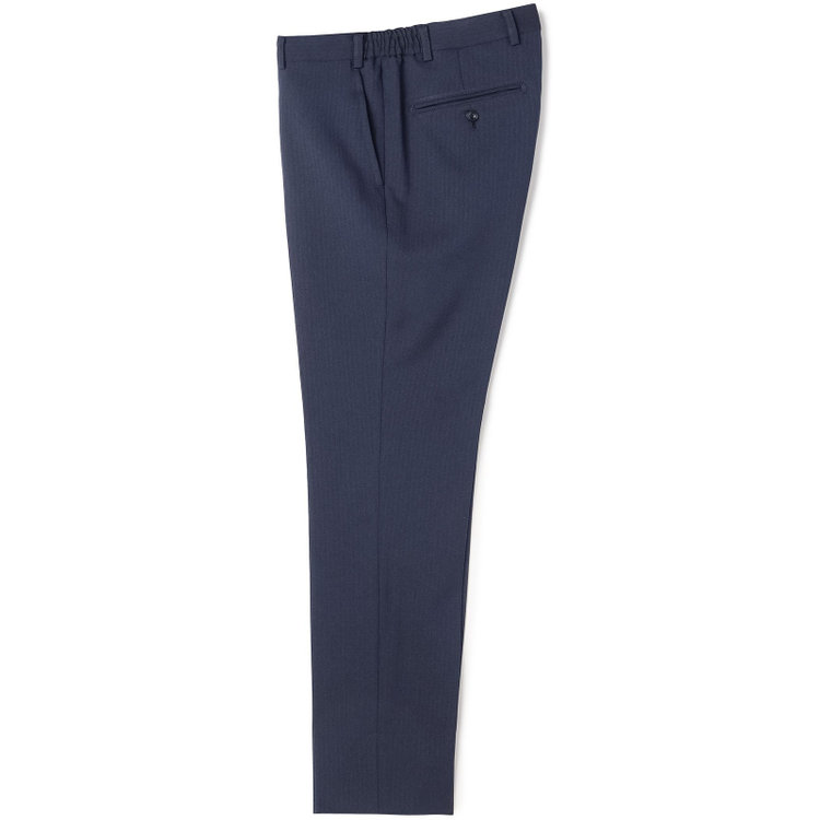ブラックライン 【SLIM TAPERED_2】【年間】2釦シングルスリーピーススーツ 0タック/ネイビー×シャドーストライプ/ウエストシャーリング/4S SUSTAINABILITY&ECOLOGY FABRIC/リバーシブルベスト仕様（グレー）/※パンツ裾上げ済仕様 紺濃色