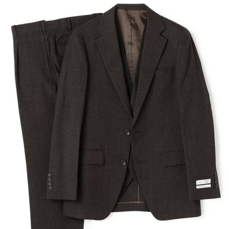 シルバーライン 【CLASSICO TAPERED】【秋冬】2釦シングルスリーピーススーツ 1タックテーパードパンツ/ブラウン×チェック/ウエストムーブ/4S SUSTAINABILITY&ECOLOGY FABRIC/※パンツ裾上げ済仕様 茶中間