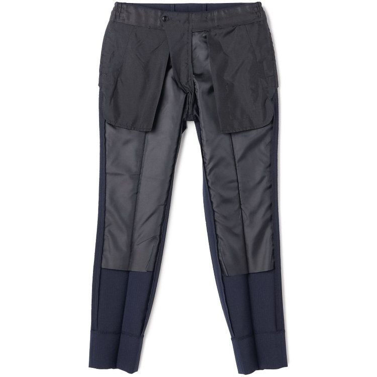 ブラックライン 【SLIM TAPERED_2】【年間】2釦シングルスリーピーススーツ 0タック/ネイビー×シャドーストライプ/ウエストシャーリング/4S SUSTAINABILITY&ECOLOGY FABRIC/リバーシブルベスト仕様（グレー）/※パンツ裾上げ済仕様 紺濃色