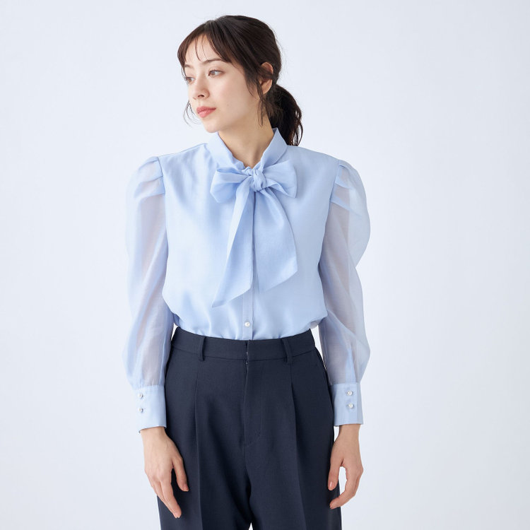 スーツセレクト  【Lady Like BLOUSE】【長袖】ボウタイブラウス/サックス 青淡色