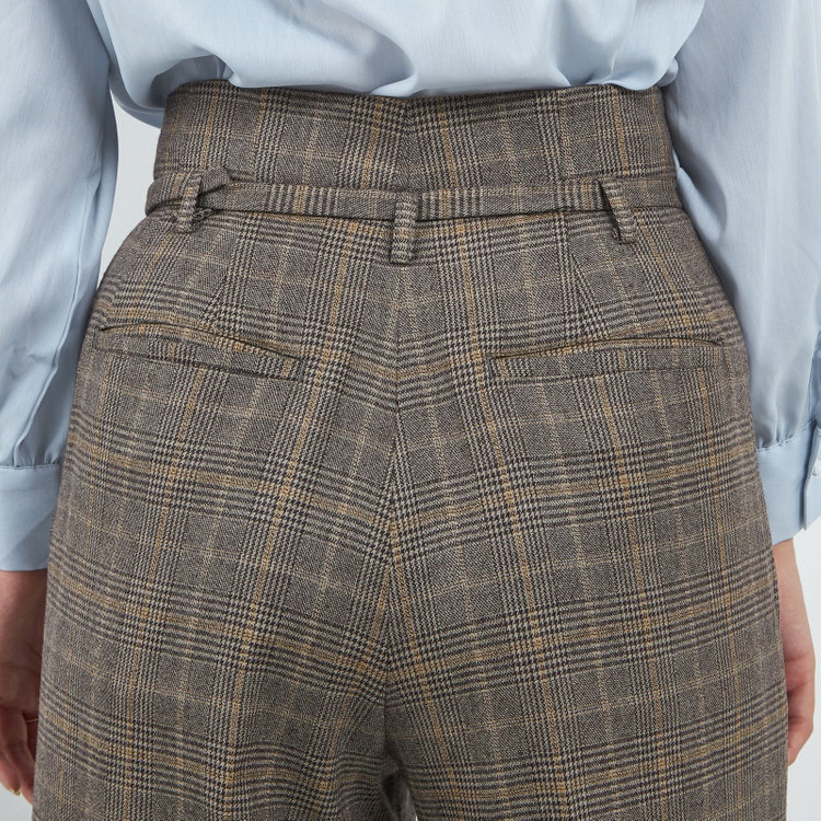 シルバーライン 【SILVER LINE】【秋冬】共生地ベルト付きワイドパンツ/ブラウン×チェック/裾上げ済仕様 茶中間