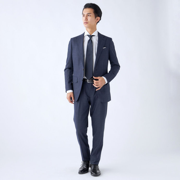 シルバーライン 【発送在庫あり】【CLASSICO TAPERED】【秋冬】2釦シングルスーツ 1タック/ネイビー×チェックオーバーペン/Ermenegildo Zegna LOOP woven in italy/※裾上げ必要 茶濃色