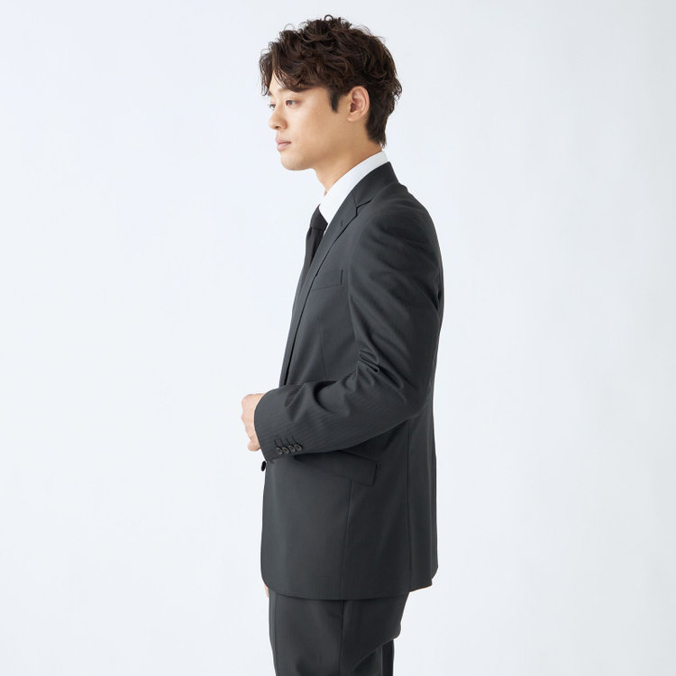 ブラックライン 【KSW】【春夏】スペアパンツ付き/2釦シングルスーツ 0タック/ブラック×シャドーストライプ/ウォッシャブル/※裾上げ必要 黒