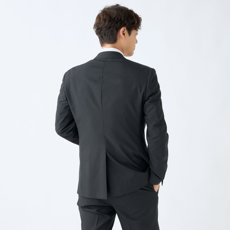 ブラックライン 【KSW】【春夏】スペアパンツ付き/2釦シングルスーツ 0タック/ブラック×シャドーストライプ/ウォッシャブル/※裾上げ必要 黒